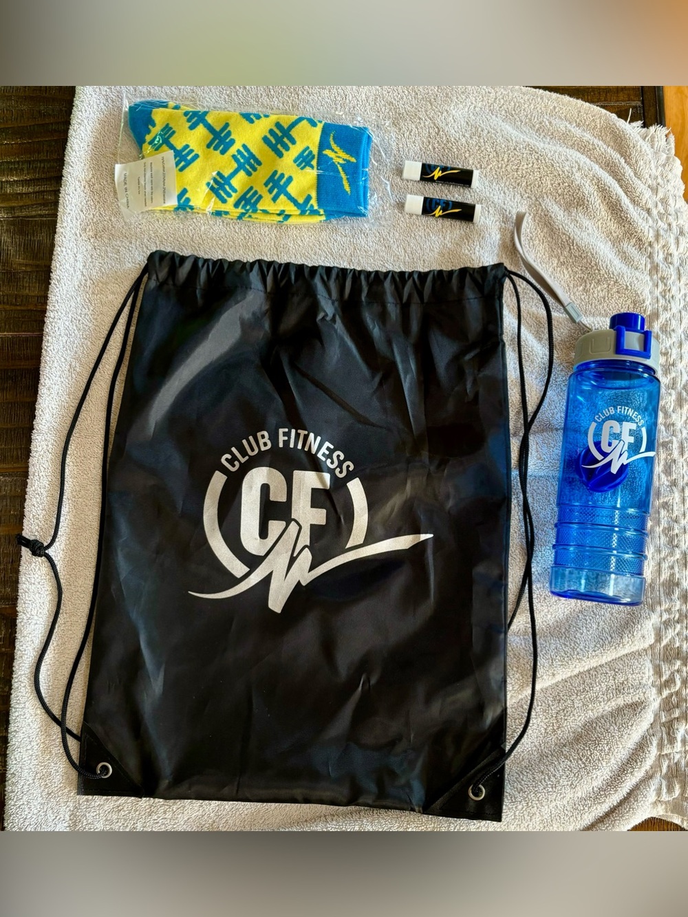 NEW ~ lot of Club Fitness workout gym gear featuring backpack, bottle, & socks